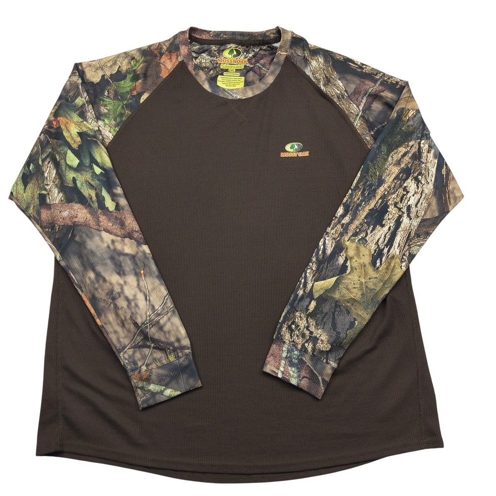 Mossy Oak Mens 2XL Brown Camo Raglan Waffle Knit Performance Long Sleeve Shirt‎